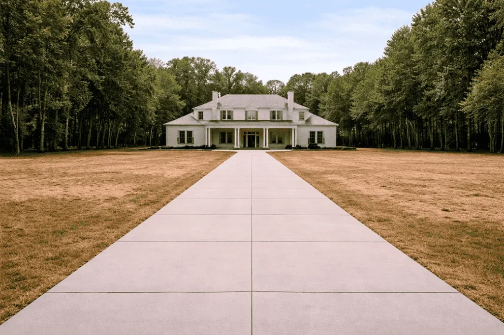 Entrada da mesma casa sem paisagismo: caminho central com gramado seco e sem palmeiras ou canteiros