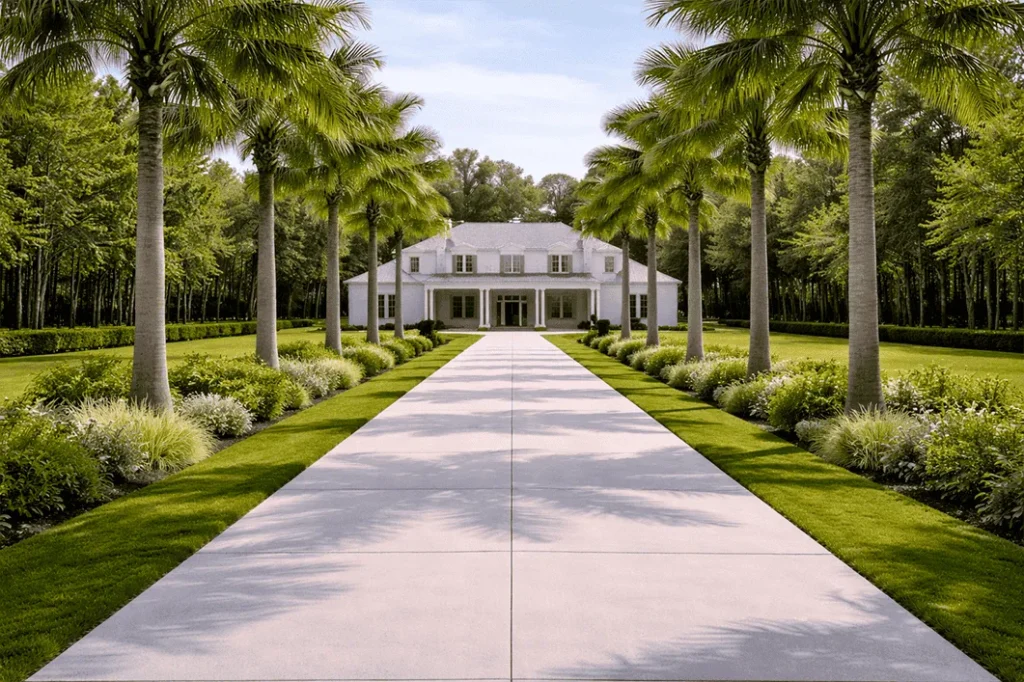Entrada de casa com paisagismo: alameda com palmeiras alinhadas, gramado e canteiros ao longo do caminho