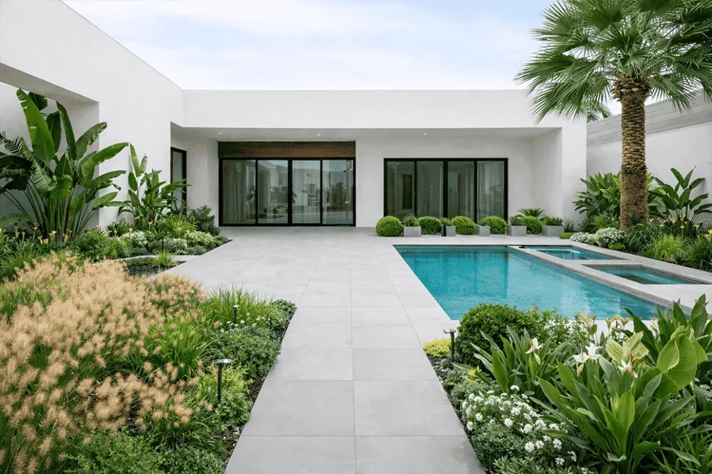 Área externa com piscina e paisagismo: canteiros com plantas tropicais e palmeira ao lado do deck