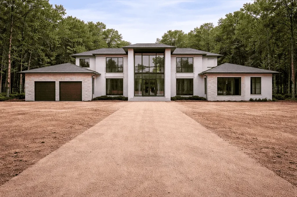 Fachada da mesma casa sem paisagismo: área externa com solo exposto e sem canteiros