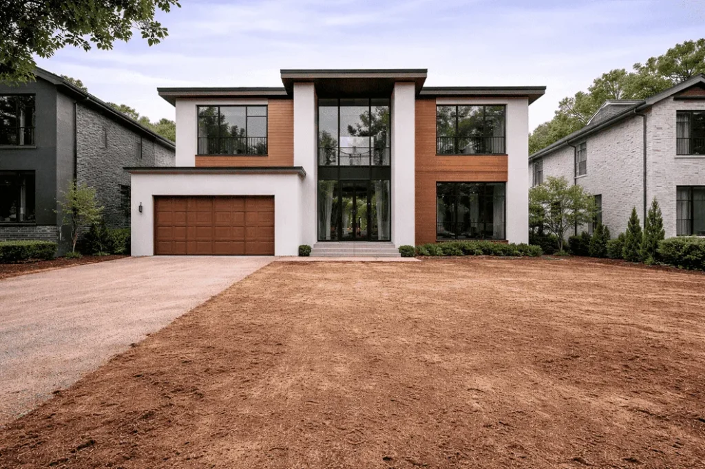 Fachada da mesma casa sem paisagismo: área frontal com solo exposto e sem canteiros ou vegetação