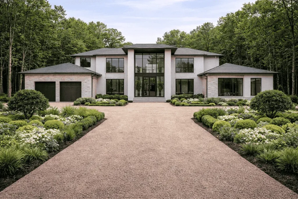 Fachada de casa moderna com Paisagismo: canteiros com arbustos e flores ao longo da entrada