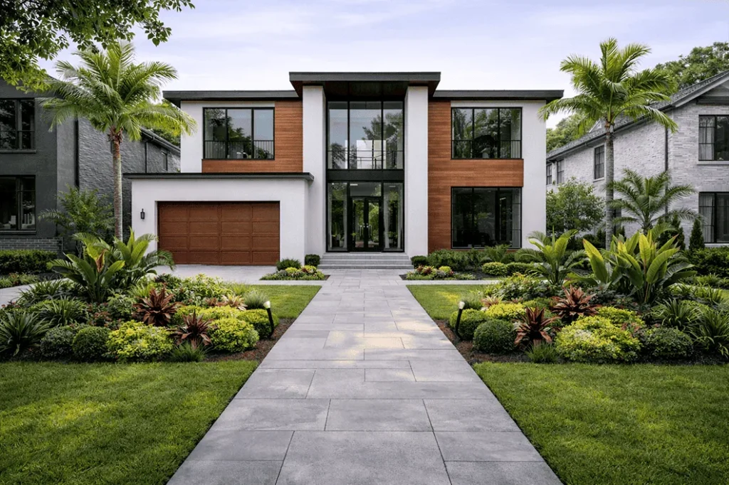 Fachada de casa moderna com paisagismo: gramado, canteiros com plantas ornamentais e palmeiras na entrada